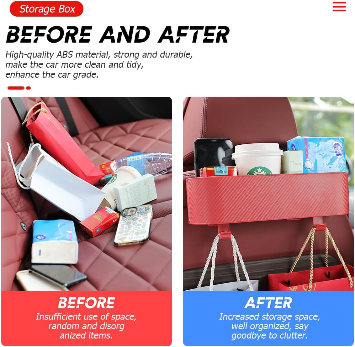 BELOMI 2PCS Car Headrest Backseat Organizer with Cup Holder, Seat Back Hanging Storage Box with Hooks, Multi-Functional Drink Pocket Food Snack Phone Tray for Kids, Car Travel Accessories（Red/2PCS）