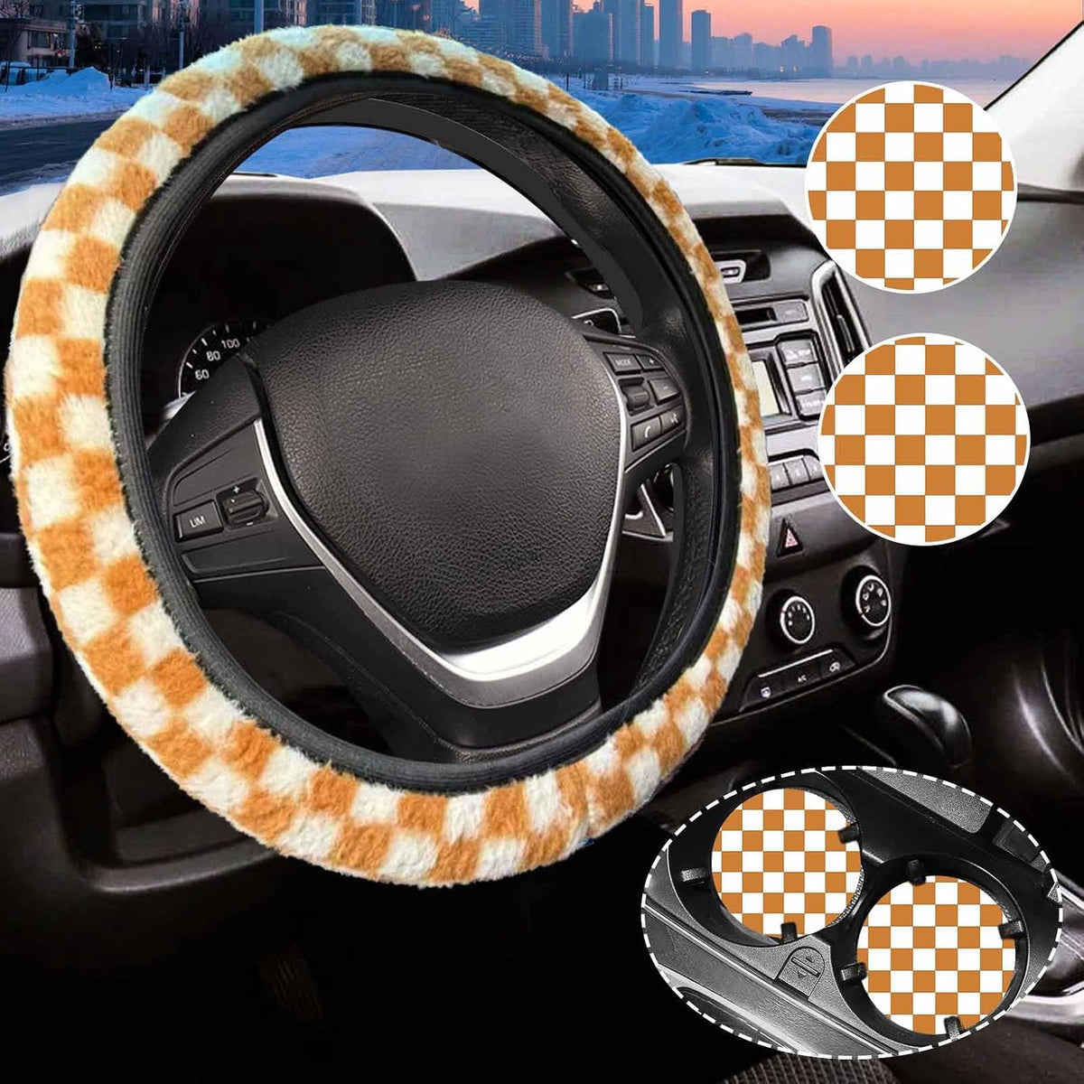 Black and White Checkered Fuzzy Steering Wheel Cover for Women, Universal Auto Steering Wheel 14-15 Inch Soft Warm Car Interior Accessories with 2PCS Car Coasters, Suitable for Men and Women