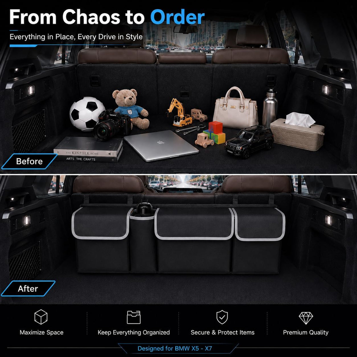 Car Trunk Organizer, Hanging Seat Back Storage Organizer with Large Pockets, Space-saving Backseat Car Organizer
