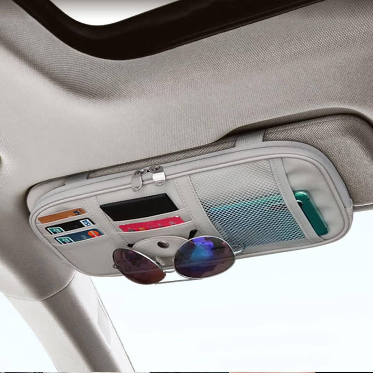 Car Sun Visor Organier Truck SUV Sun Visor Storage Pocket Pouch Holder, Multi-Pocket PU Leather with Zipper Net, for Cards Pens Sunglasses Document (Gray)
