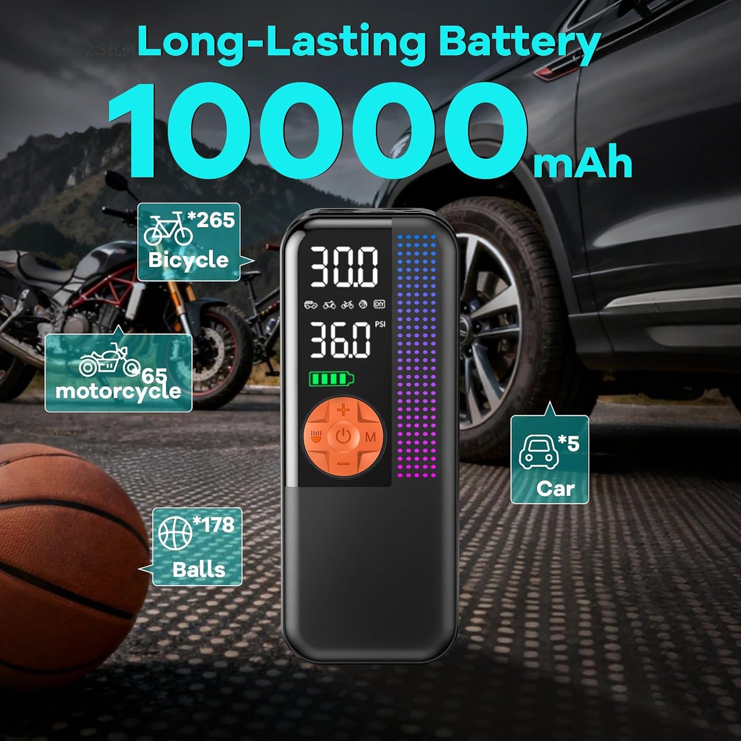 WEOLULI Tire Inflator Portable Air Compressor,150 PSI Cordless Air Pump, 12V DC Car Plug,Dual Power 10000mAh, Fast Inflation 24L/Min, 4 Preset Modes for Car, Bike, Motorcycle, Balls(Orange, 10000mAh)