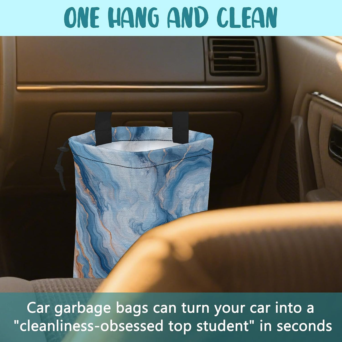 Car Garbage Bag Abstract Blue and Gold Marble Drawstring Car Trash Bag Hanging for Back Seat with Adjustable Buckle Canvas Vehicle Trash Can Easy-to-Install