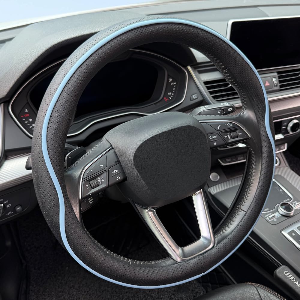 HAOTULE Leather Steering Wheel Cover， with Anti-Slip Stripe Design - Enhanced Grip, Fashion Style, Safe, Non-Slip, Breathable. Upgrade car Interior，Black Blue