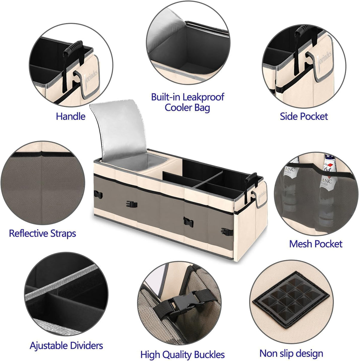 Trunk Organizer with Built-in Insulated Leak Proof Cooler Bag,Collapsible Cargo Organizer for SUV with Non Slip Bottom Strips,3 Large Compartments Foldable Waterproof Portable Car Storage Box