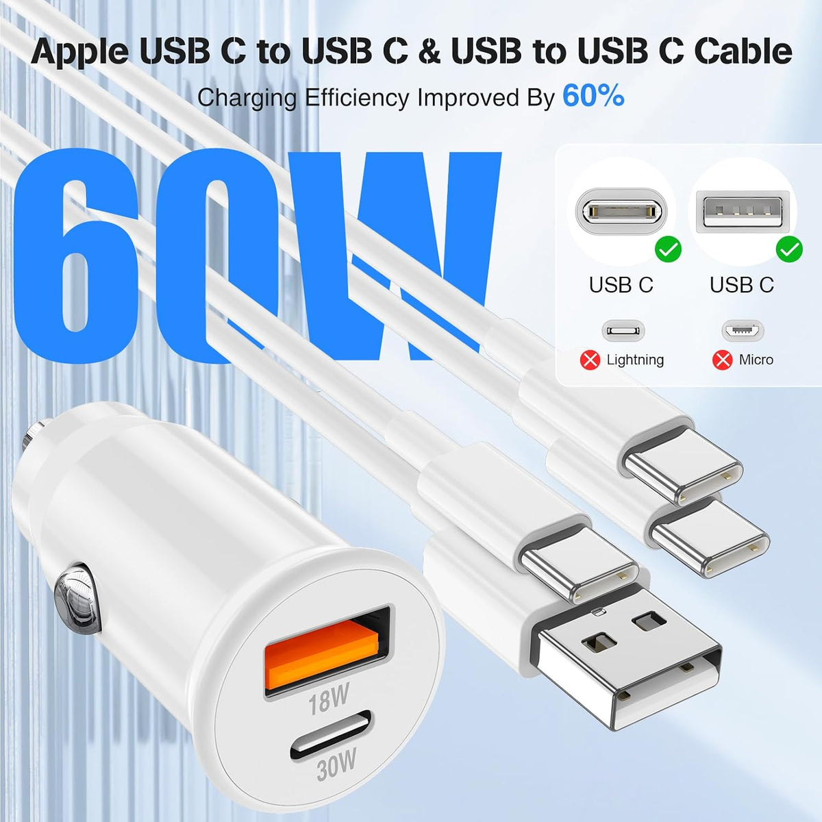48W USB C Car Charger, Dual Port USB-C & USB-A Car Fast Charging Adapter