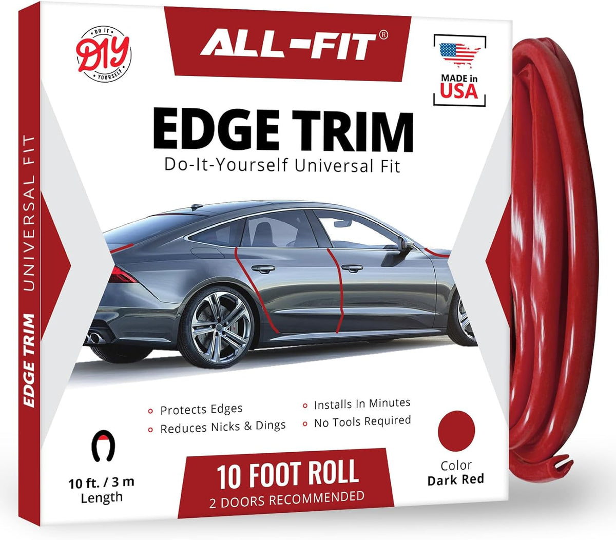 All-Fit Automotive Car Door Edge Protector Made in the USA (10 Ft - Red)