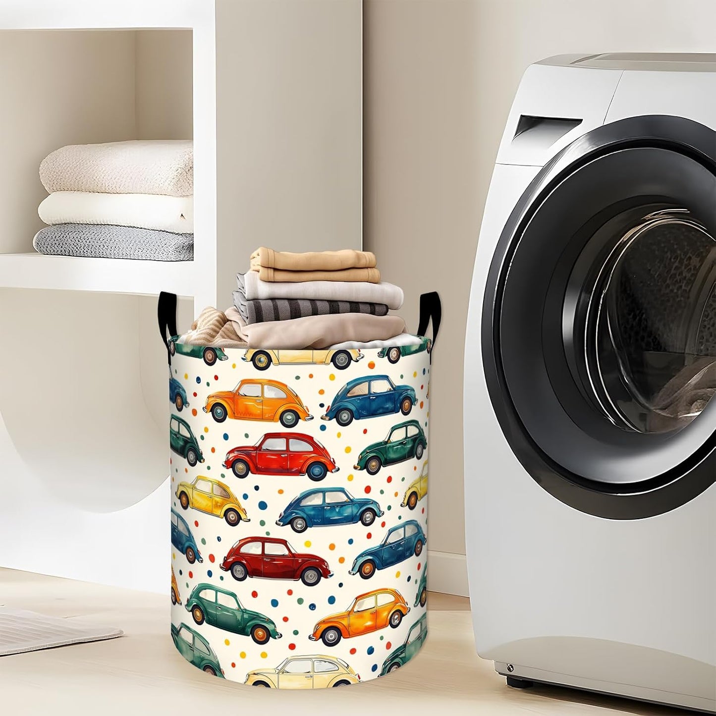 Colorful Cars Polka Dots Pattern Laundry Basket with Handles, 19.7"x15.7" Clothes Foldable Laundry Hamper Organizer for Dorm Nursery Bedroom Bathroom Decor, Toy Storage Bin for Kids