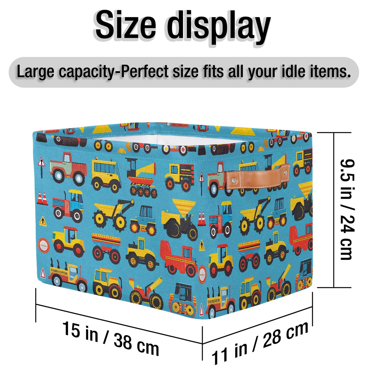 Cartoon Construction Storage Baskets for Organizing, Fabric Collapsible Storage Bins Box Cars Tractors Bulldozers Decorative Toy Organizer Baskets for Closet Shelves Gift Basket 1 Pc
