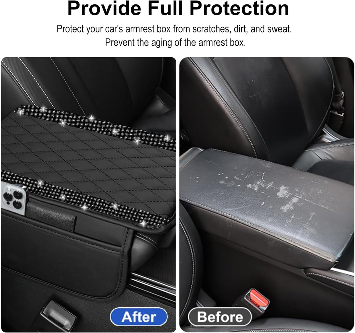 NBTEPEM Bling Car Center Console Cover, Leather Car Arm Rest Cover Cushion with 2 Storage Bags, Middle Console Cover Universal Armrest Protector Pads, Bling Accessories for Most Vehicles (Black)
