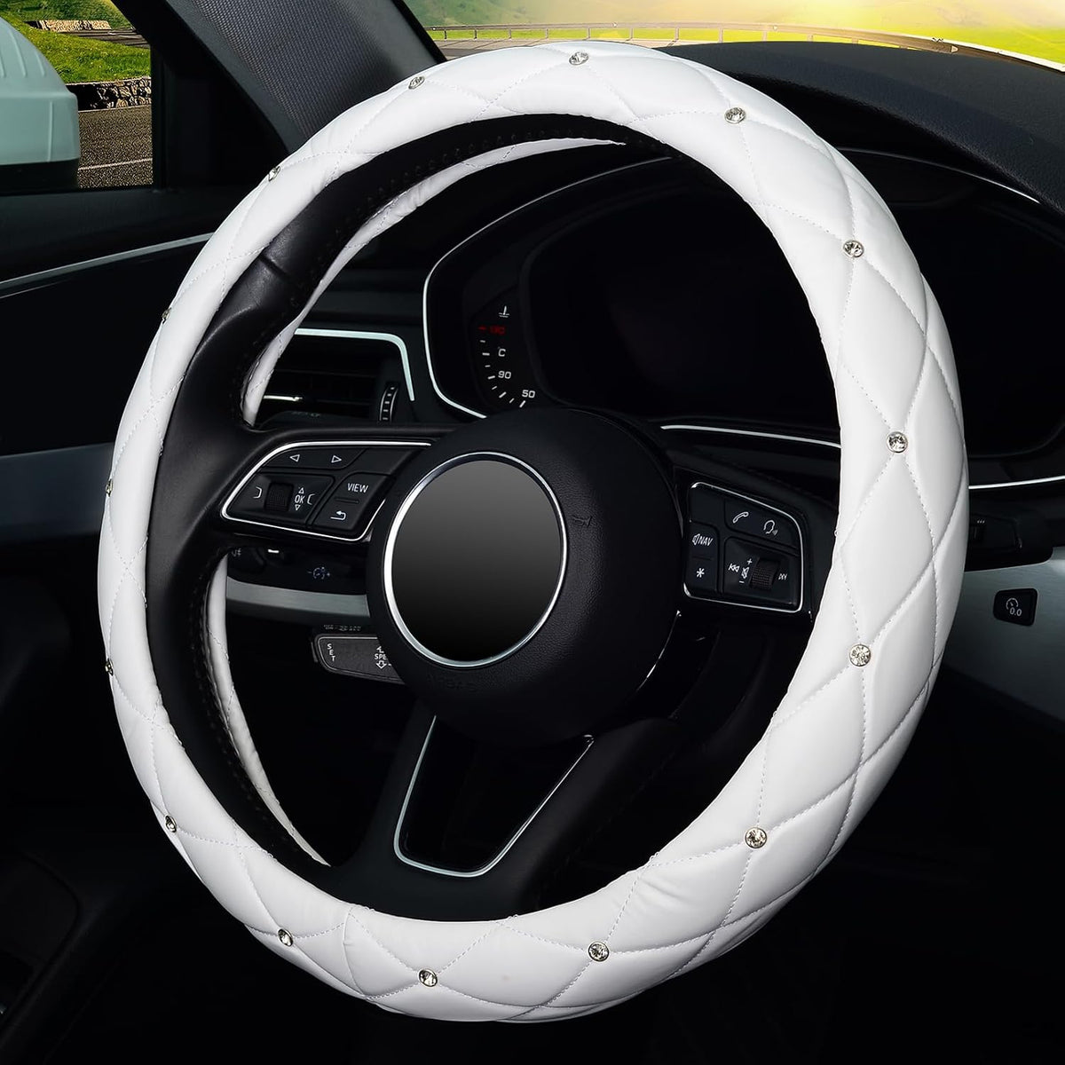 KAFEEK Diamond Leather Steering Wheel Cover, 15 Inch, Pure White