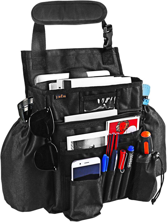 ECWKVN Car Front & Back Seat Organizer with Dedicated Tablet/Laptop Compartment, Passenger Seat File Storage with Cup Holder, Adjustable Backrest, and Padded Shoulder Strap