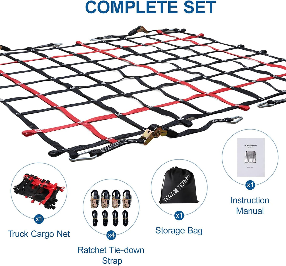Cargo Net for Pickup Truck Bed with 4Pcs Ratchet Tie-Down Straps, 50"x66", (WLL) 1100lbs, Heavy Duty Storage Netting for Trailer's Cargo Carrier