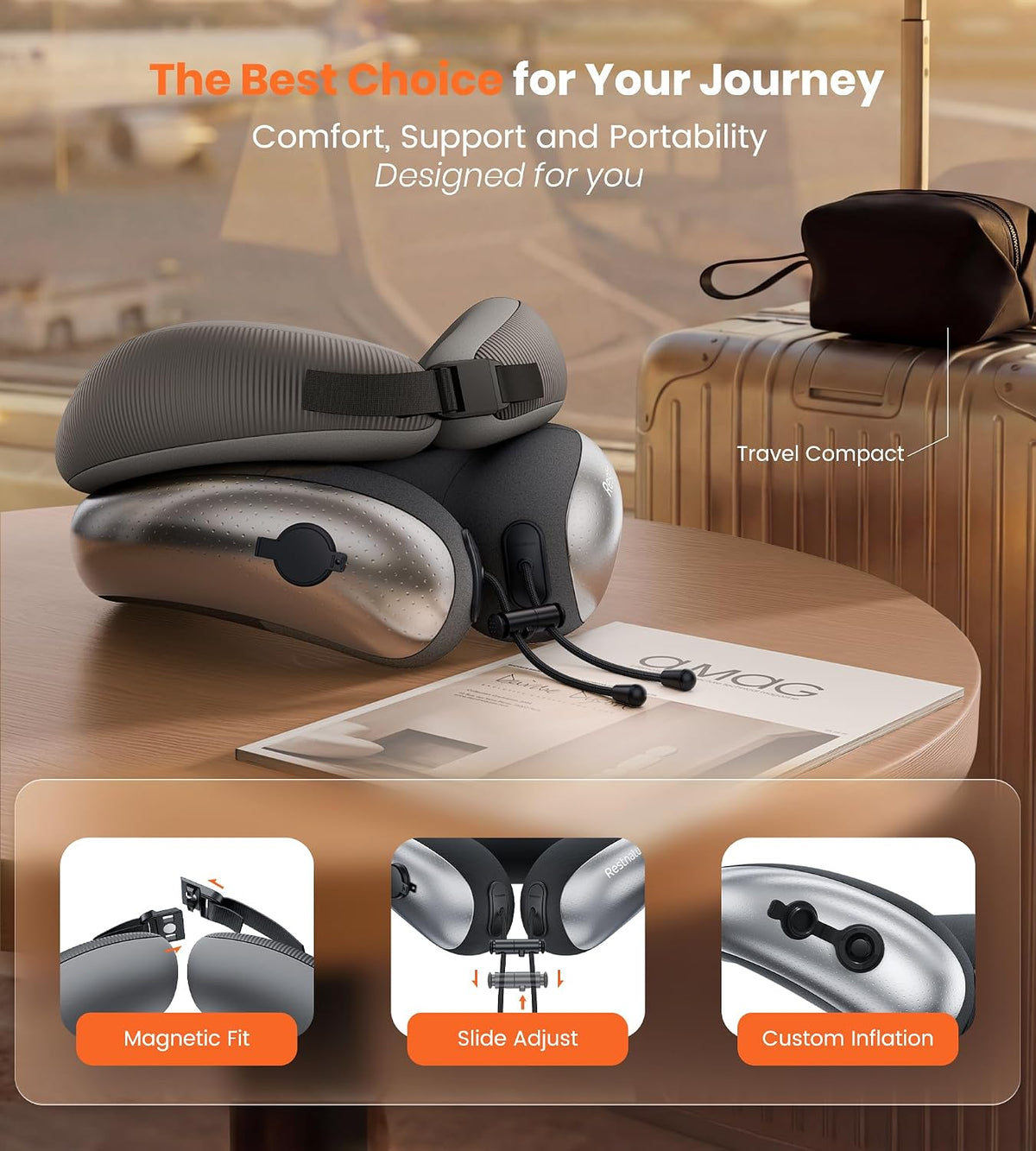 Neck Pillow for Traveling, Travel Pillows for Airplanes, Adjustable Neck Pillow Airplane Travel Essentials - 2 Layer Patented | Inflatable Air Loop & Memory Foam for 360° Ergonomic Support