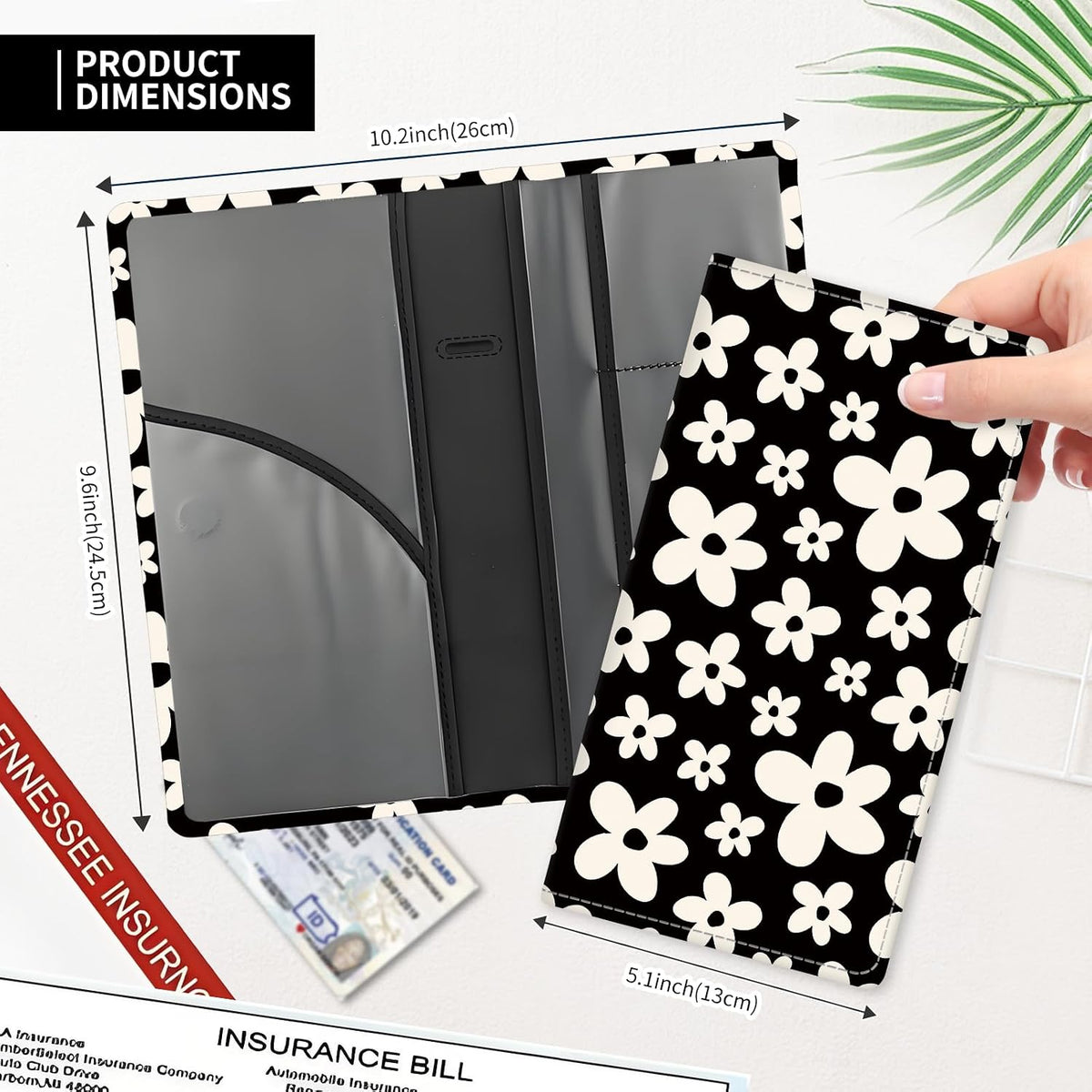 Leather Car Registration and Insurance Card Holder, Cute Car Accessories Vehicle Glove Box Car Organizer for Documents, Cards, License Black White Flowers
