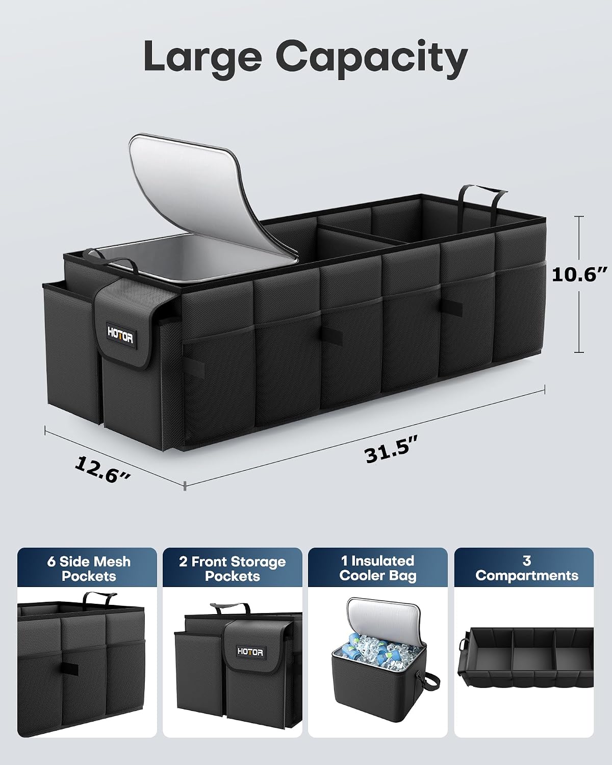 HOTOR Trunk Organizer, Sturdy Foldable with Cooler for Car & SUV, 3 Compartments, Black, 31.5” x 12.6” x 10.6”