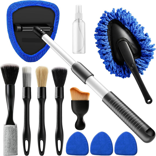 Windshield Cleaner Tool, 12Pcs Car Cleaning Kit, 23-inch Extendable Handle with 4 Microfiber Pads, Car Interior Detailing Brushes, All-in-One Inside Car Cleaning for Auto Detailing
