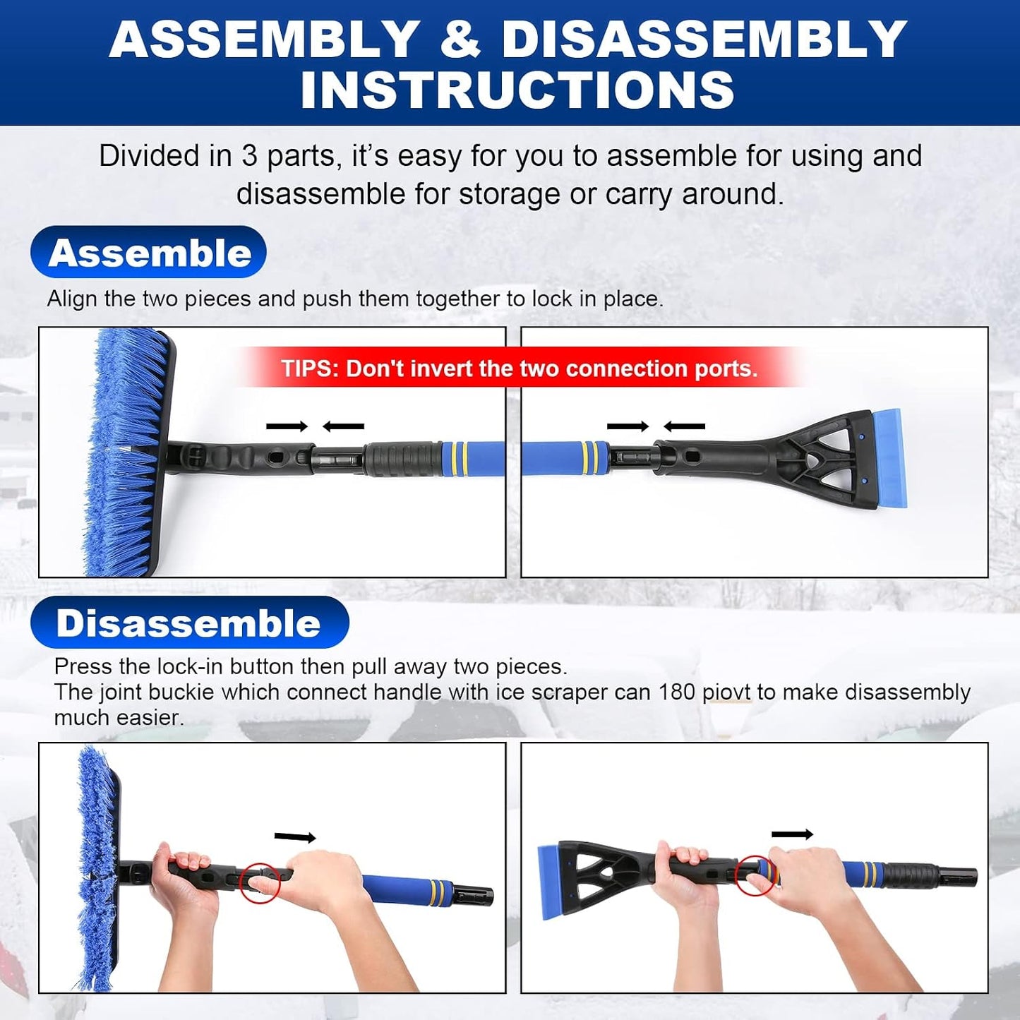 34" Extendable Ice Scrapers for Car Windshield 2-in-1 Snow Brush for Car Snow Scraper for Car Snow Scraper and Drush with Ergonomic Foam Grip for Cars, Trucks, SUVs with 360° Pivoting Brush Head Blue