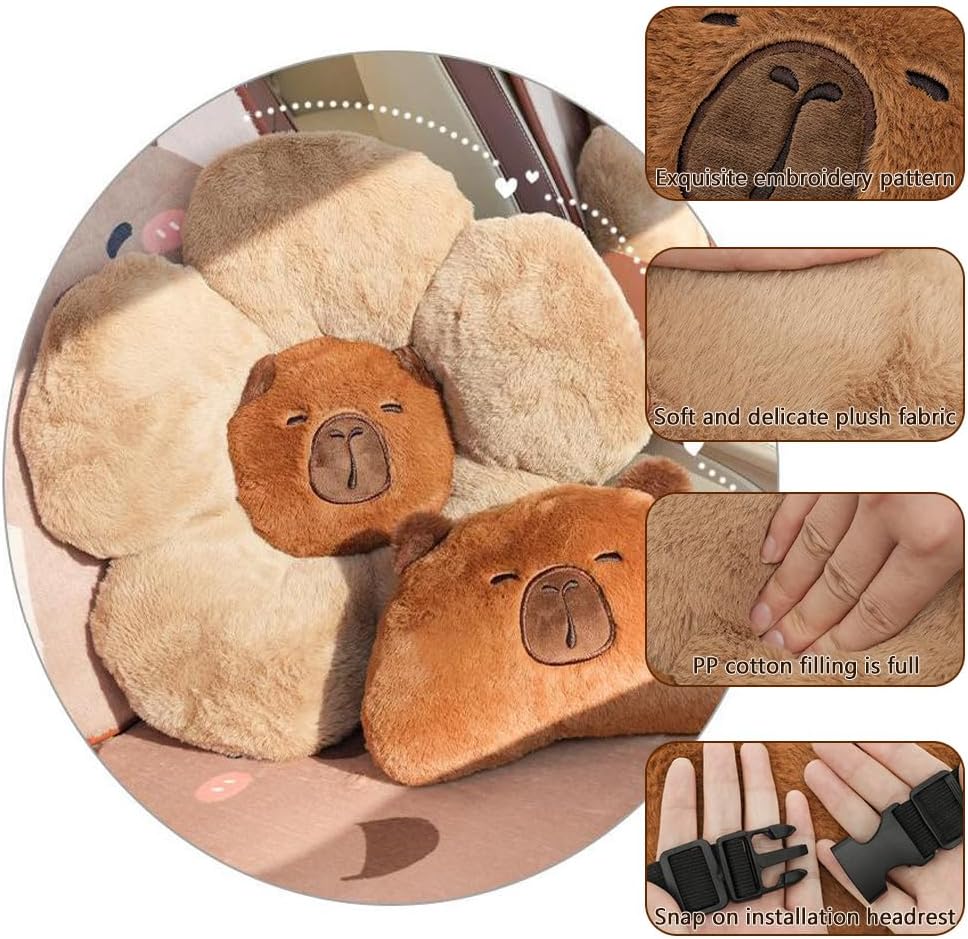 LYFJMUS 4 Pack Plush Capybara Car Headrest Pillow and Lumbar Support Pillow Kawaii Plushies Capybara Stuffed Headrest Cute Car Decor for Car Driving