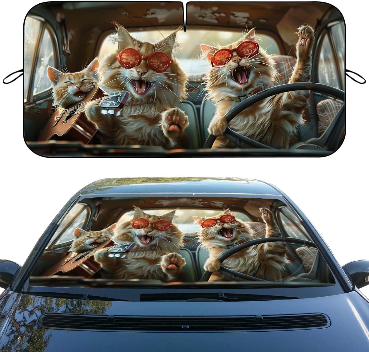 Funny Cat Car Windshield Sun Shade Cute Driving Animals Heatshield Front Window Car Sun Shade Windshield Blocks UV Rays Sun Visor Protector for Car Sedan Truck SUV Accessories 59" L x 31.5" W