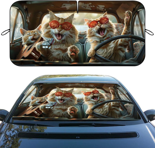 Funny Cat Car Windshield Sun Shade Cute Driving Animals Heatshield Front Window Car Sun Shade Windshield Blocks UV Rays Sun Visor Protector for Car Sedan Truck SUV Accessories 59" L x 31.5" W