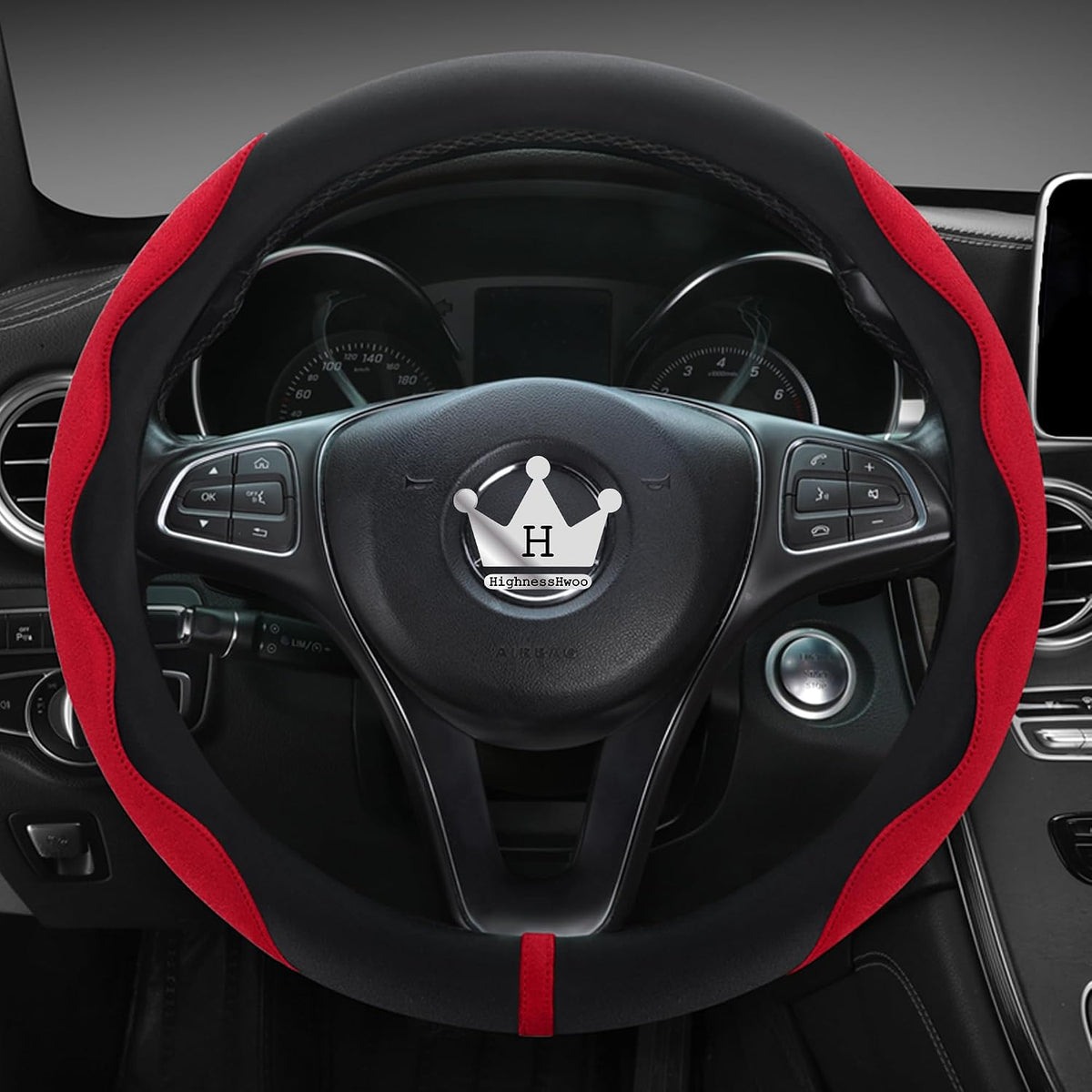 HighnessHwoo Luxury Suede Steering Wheel Cover for Cars, Soft Leather Padded Wheels Cover for Sedan, SUV, Thin Car Handle Cover, Universal Fit, Anti Slip, 14.75-15.15in, Red
