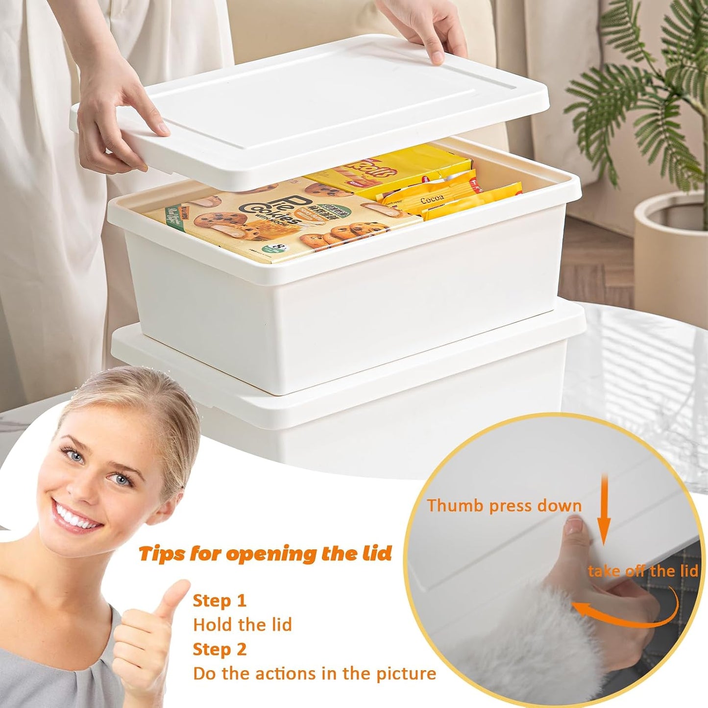 56QT+15QT high-end White multifunction storage bin with lid, Set of 8 Stackable Plastic Boxes with Handles, Office，Garage，Home, for Organizing Snacks, Crafts, Legos, Tools,books