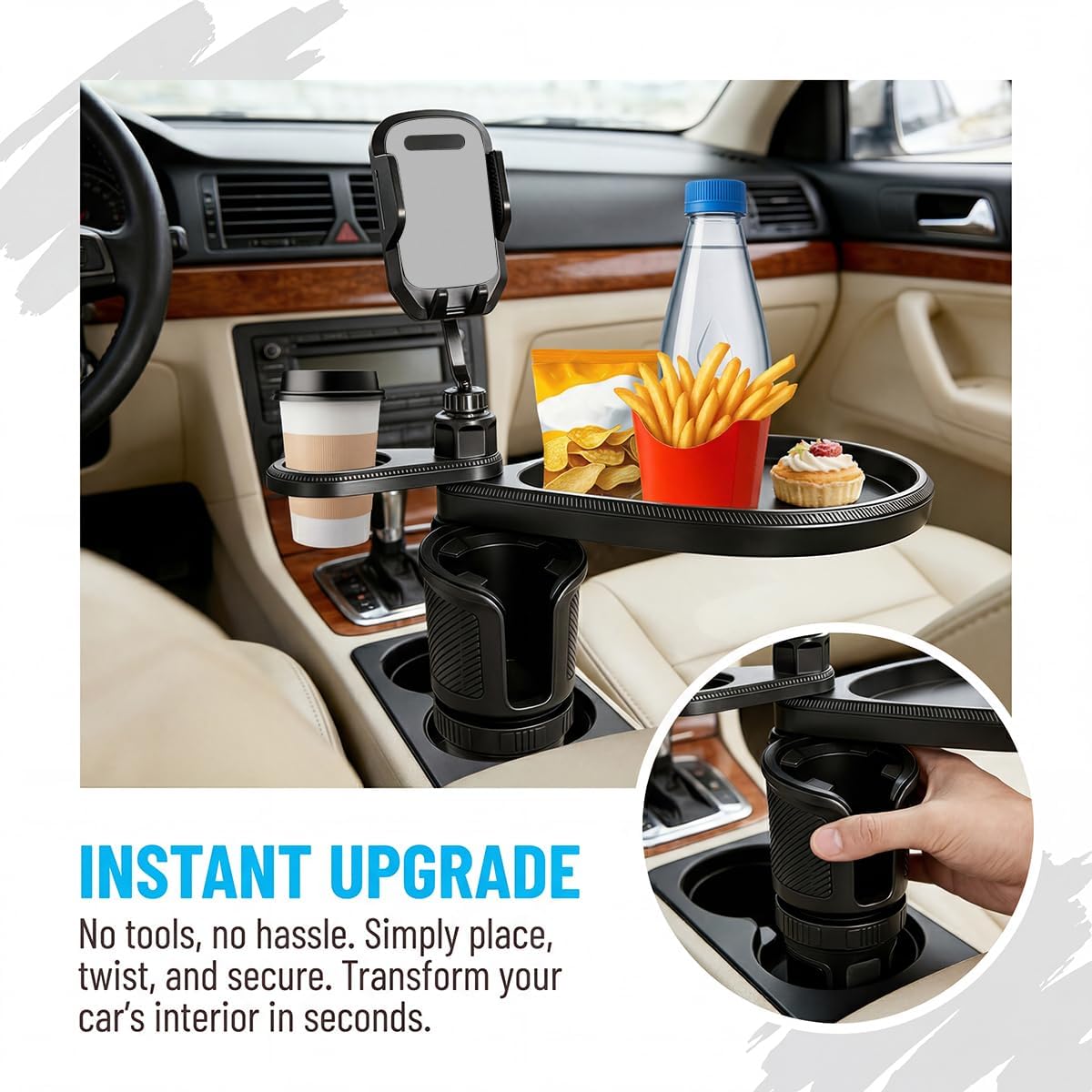 Car Cup Holder Tray, 4-in-1 Vehicle Drink Holder Expander Adapter with Phone Holder & Food Tray Table, Auto Center Console Cupholder Eating Table Organizer for Road Trip, Universal Fit (Gray)