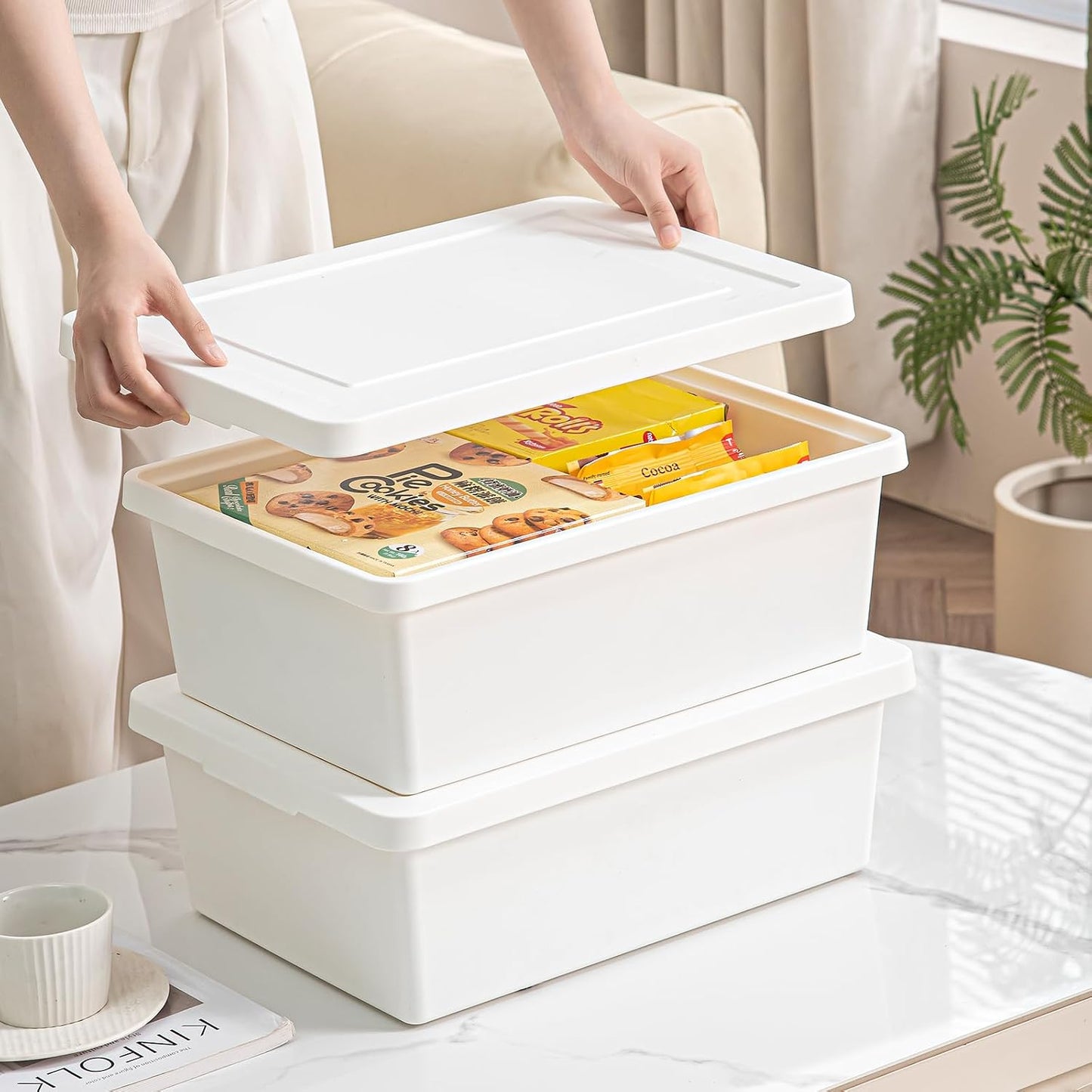 Yishyfier 15 Quart Stackable Plastic Storage Bins with LidsStorage Container for Organizing, Storage Boxeswith Handle for Shelves, Cube Storage Bin for CraftSnacks, (white，2L)