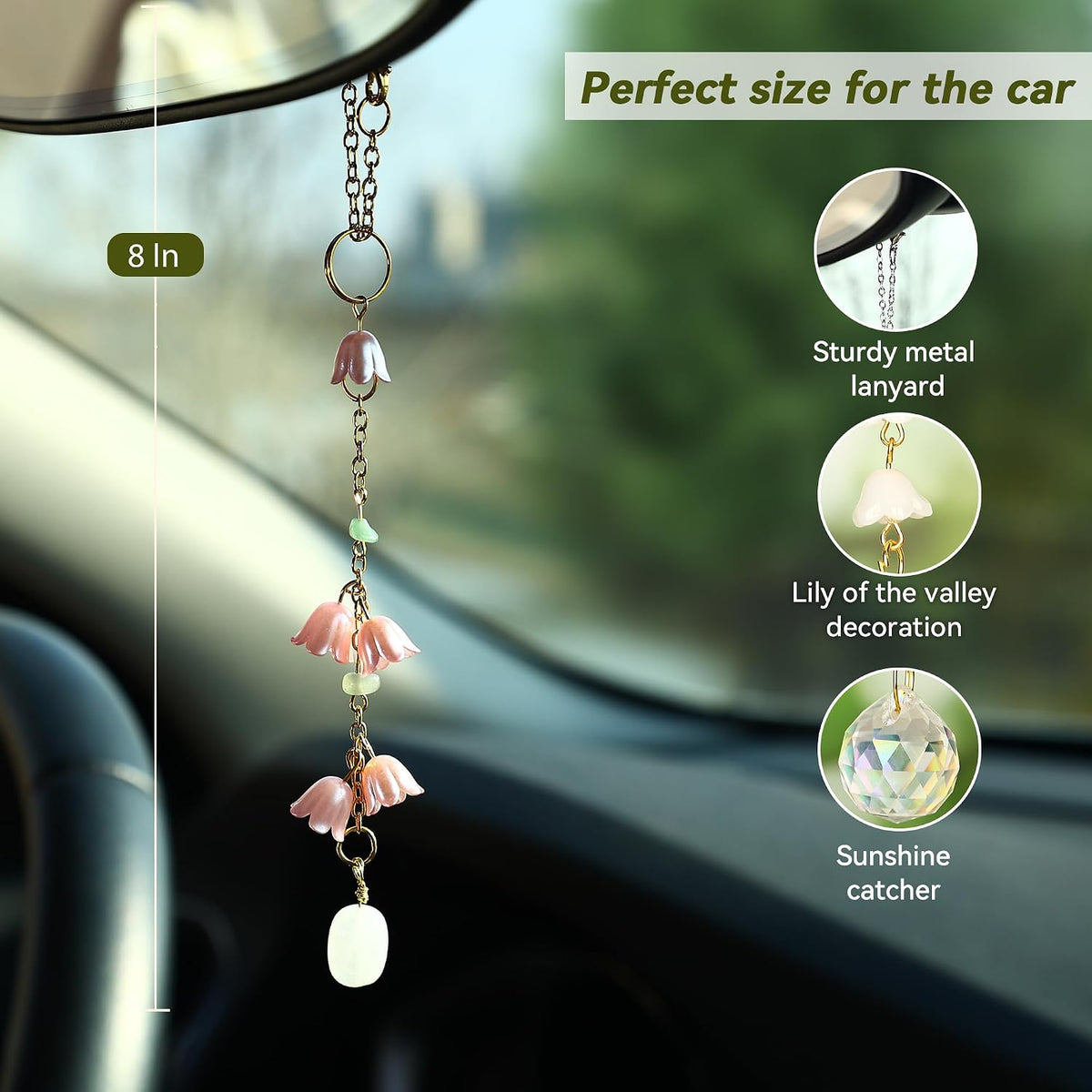 Car Rear View Mirror Accessories Car Hanging Ornament, Dark Pink Lily of The Valley Handmade Crystal Rearview Decor Charm Clear Quartz Beads Flower Swinging Interior Decor for Women Men