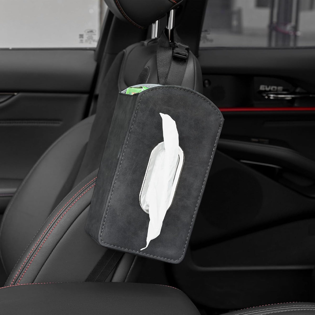 JEYODA Car Seat Organizer,Suede Leather Tissue Holder fit for Kleenex tissues, Car Seat Side Organizer for 120 Sheet Napkin, Drink, Phone, etc (Black)