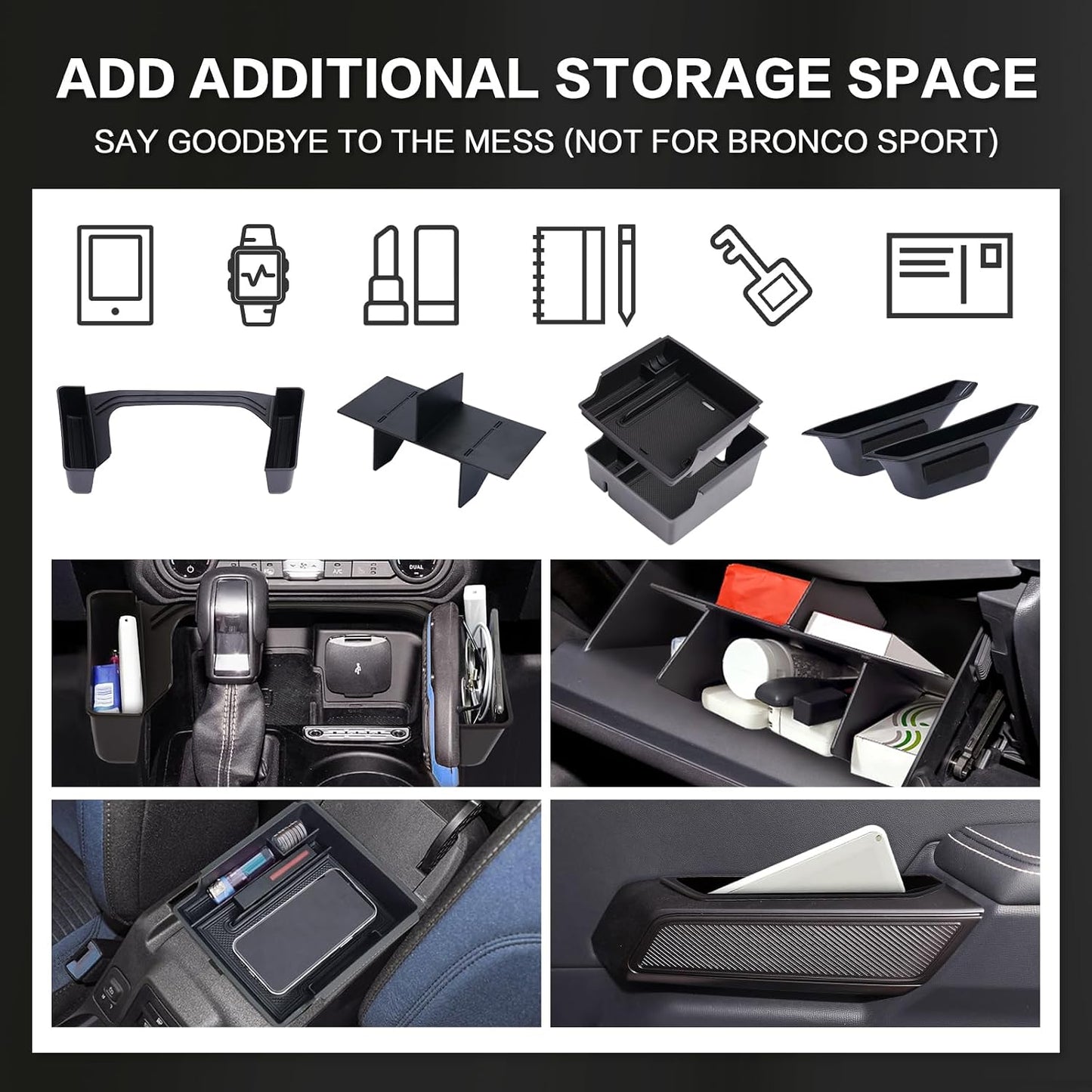4PCS for Ford Bronco Accessories 2024 2021 2022 2023 2/4 Door Car Interior Bronco Accessories Console Shifter Storage,Glove Box Dividers Organizer,Handle Organizer,Armrest Storage Box（not for 2025)