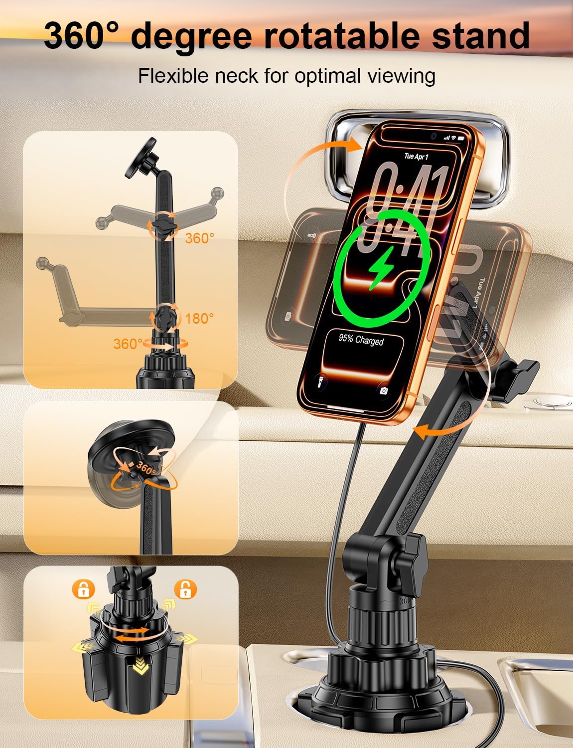 Magsafe Car Mount Charger, Stable Cup Holder Phone Holder Wireless Charger