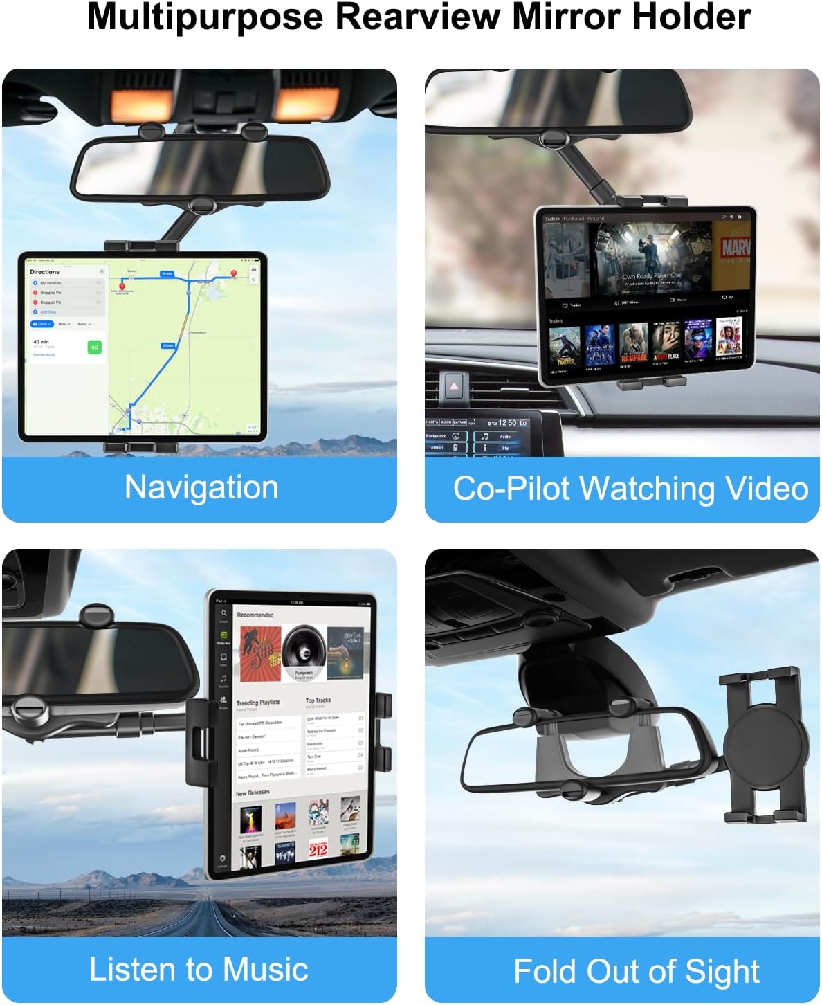 Rearview Mirror Tablet Holder for Car, Rear View Mirror Car Tablet Mount, 360° Rotatable Adjustable Universal Clip, for iPad Pro Air Mini, Galaxy Tabs, Z Fold, Fire HD, iPhone, 4.7-11" Devices