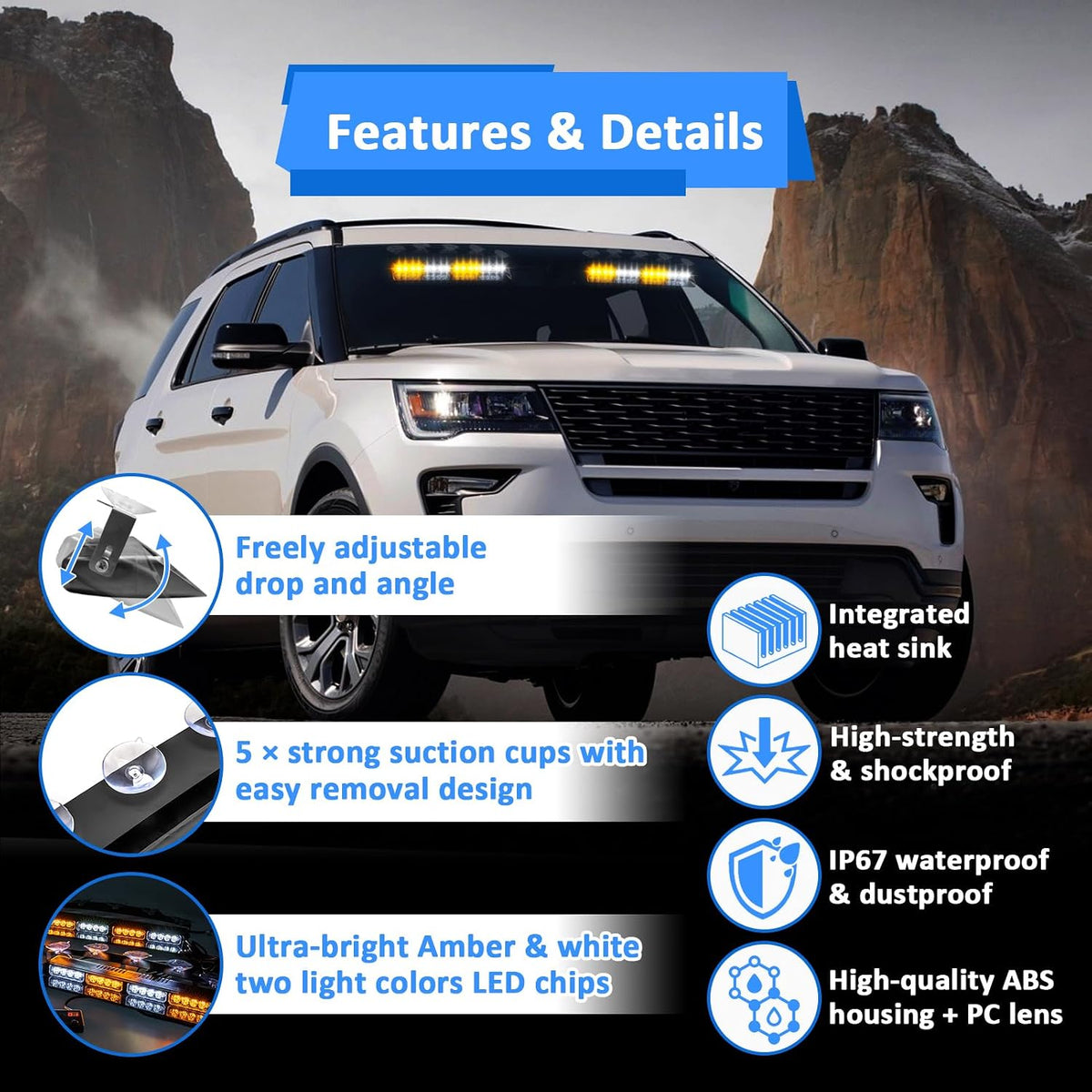 Wsays 4Pcs 2"x 14" White Amber Dash Strobe Interior Warning LED Light Bar