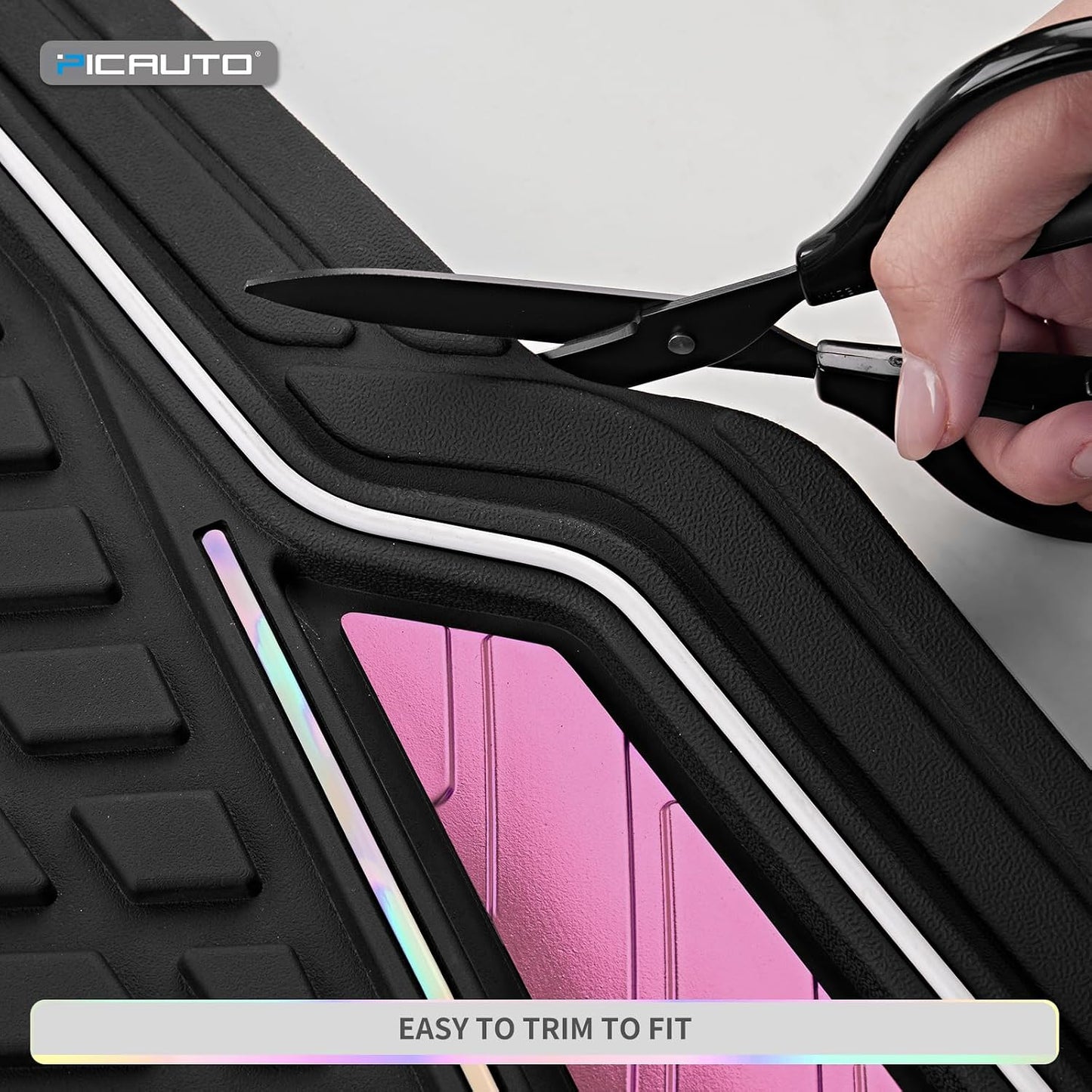 PIC AUTO Car Floor Mats, Pink Aluminum-Molded with Full-Circle Iridescent Inlay Strip Car Mats, Universal-Fit Rubber Mats for Cars, Trucks & SUVs, All-Weather, Non-Slip, Easy-to-Clean Interior Mats