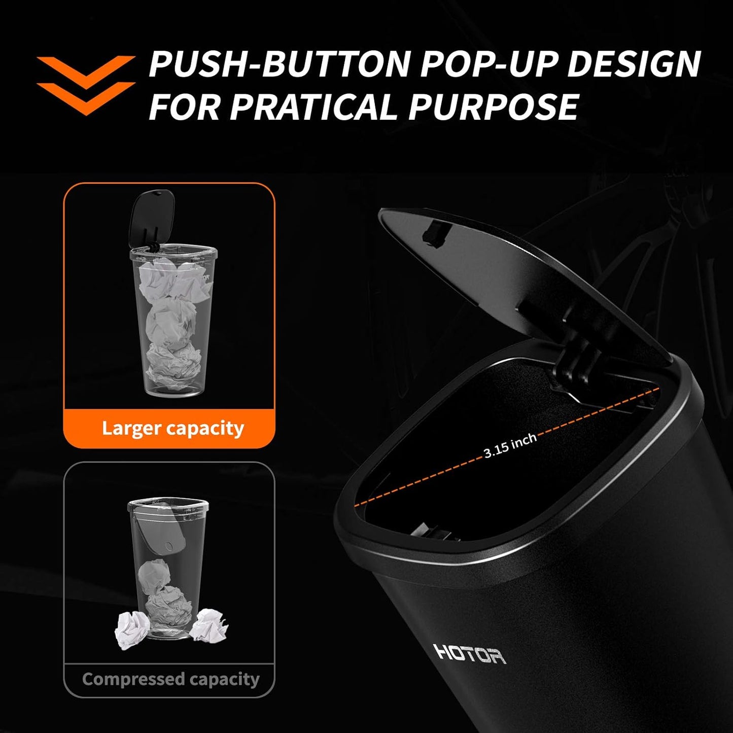 HOTOR Car Trash Can, Car Trash Cup with 30 Additional Trash Bags for Exclusive Using, Multipurpose Trash Can for Car, Office & Home to Meet Various Needs - 2 Packs, Black