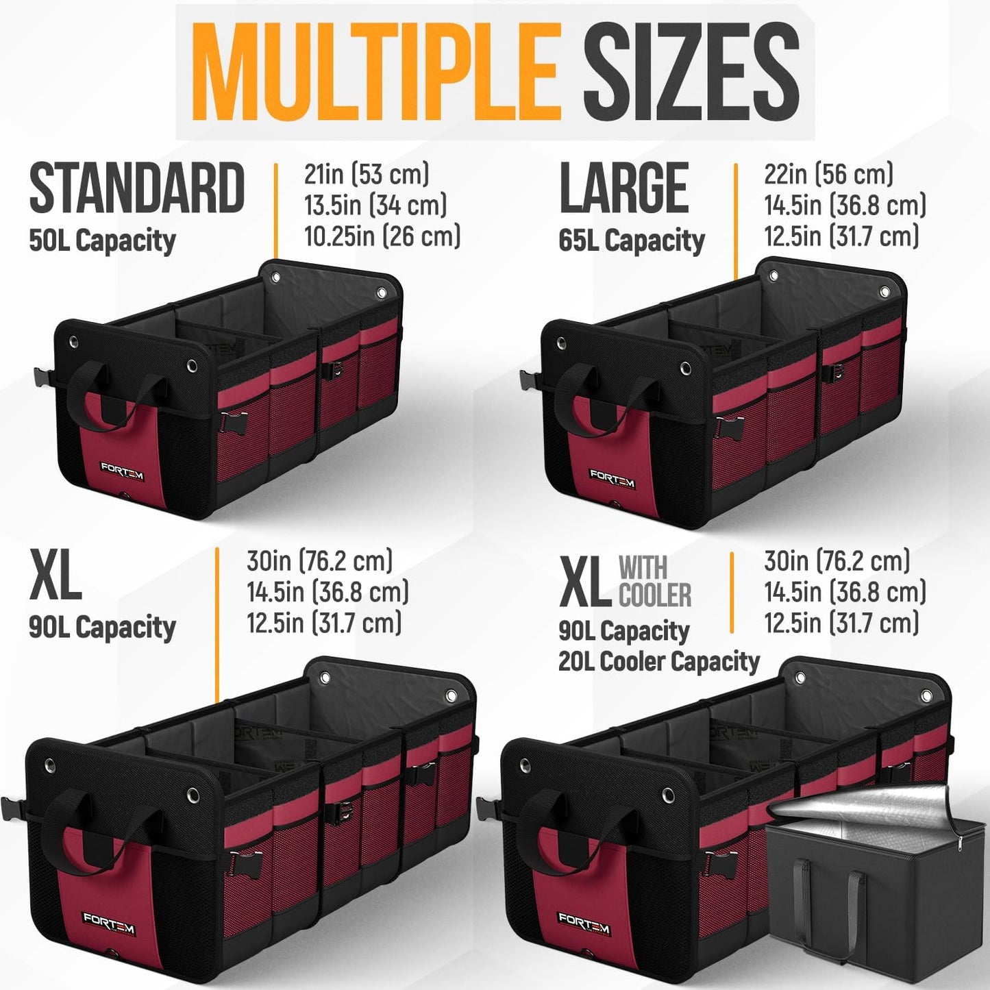 FORTEM Trunk Organizer For SUV Car Organizer and Storage, Multi-Compartment Storage Bag Car Accessories for Women Men, Perfect Christmas Gifts, 1680D Oxford, Non Slip Bottom, Straps, Soft Cover (90L)