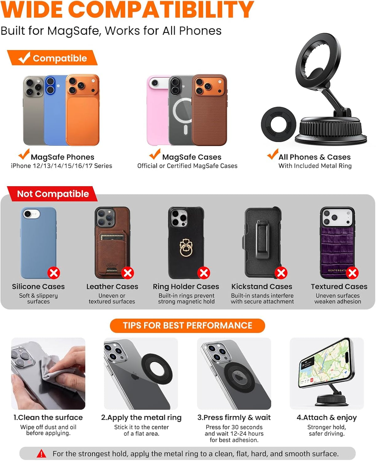 Magnetic Car Phone Holder for Dashboard, MagSafe Car Mount, Nano Gel Suction Car Phone Mount, Foldable Automotive Dashboard Phone Holder, 360° Rotatable for iPhone 17 16 15 14 13 12 Series