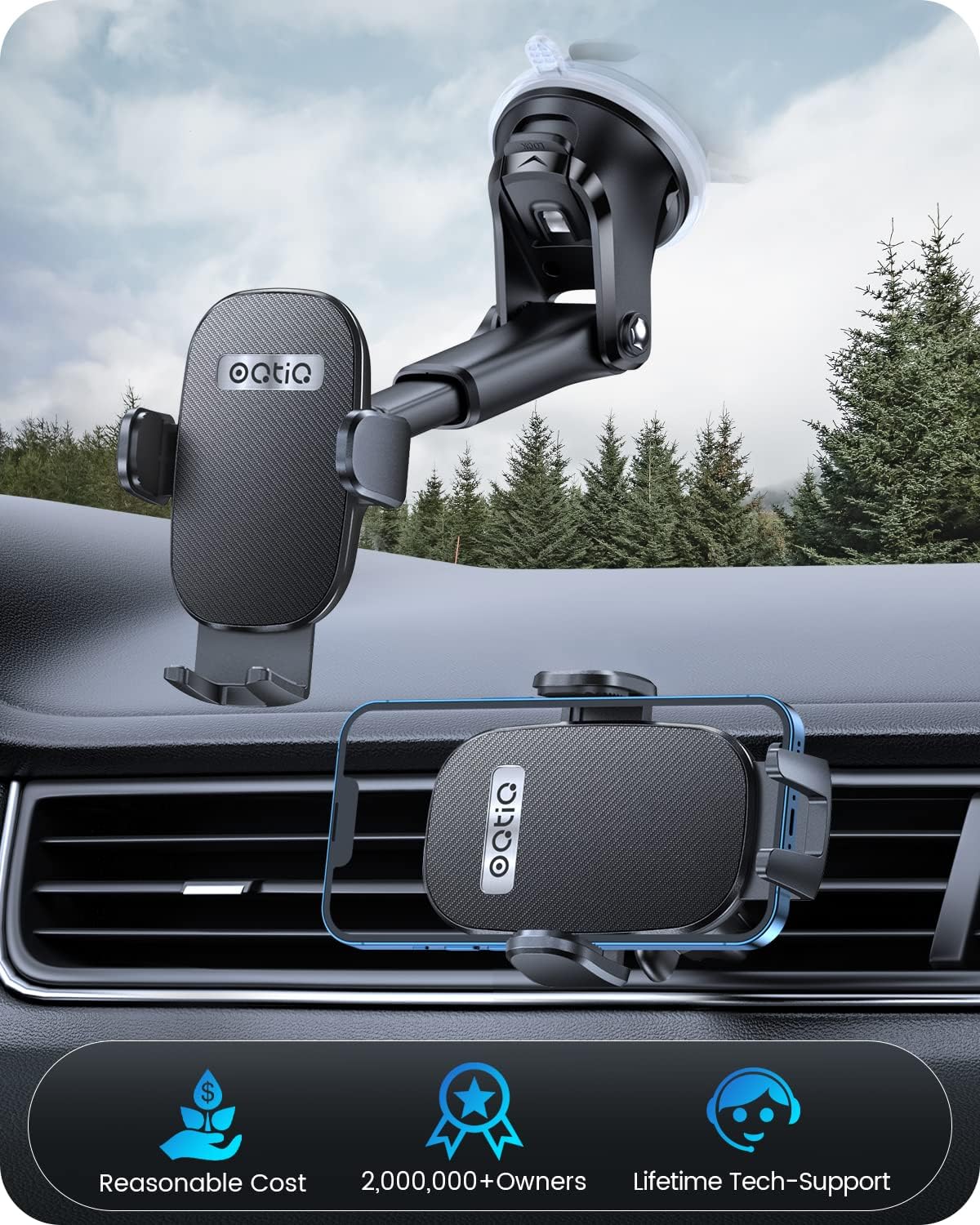 OQTIQ 3-in-1 Car Phone Mount for Dashboard, Windshield & Air Vent – Strong Suction Cup Holder with Adjustable Arm & 360° Rotation – Universal Car Cell Phone Holder for iPhone & Android Smartphones