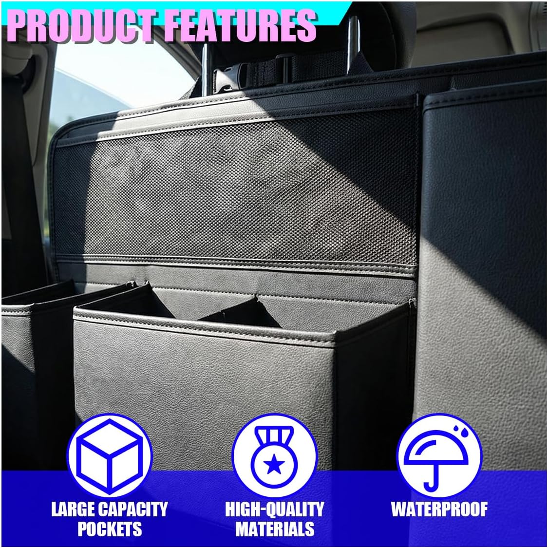 Leather Car Trunk Organizer, 35'' × 17'' Auto Backseat Hanging Storage Bag with 1 Mesh Pocket & 3 Pockets, Foldable Vehicle Travel Organizer Accessories for Sedan, SUV, Truck, MPV (Black)