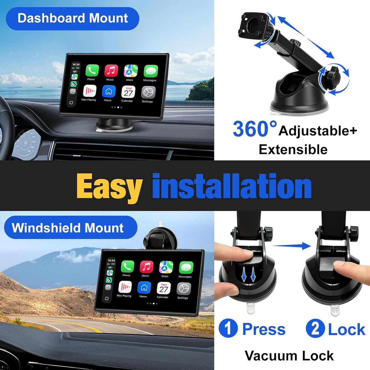 Carplay Screen for Car, 7 inch Wireless Carplay & Android Auto（Black）
