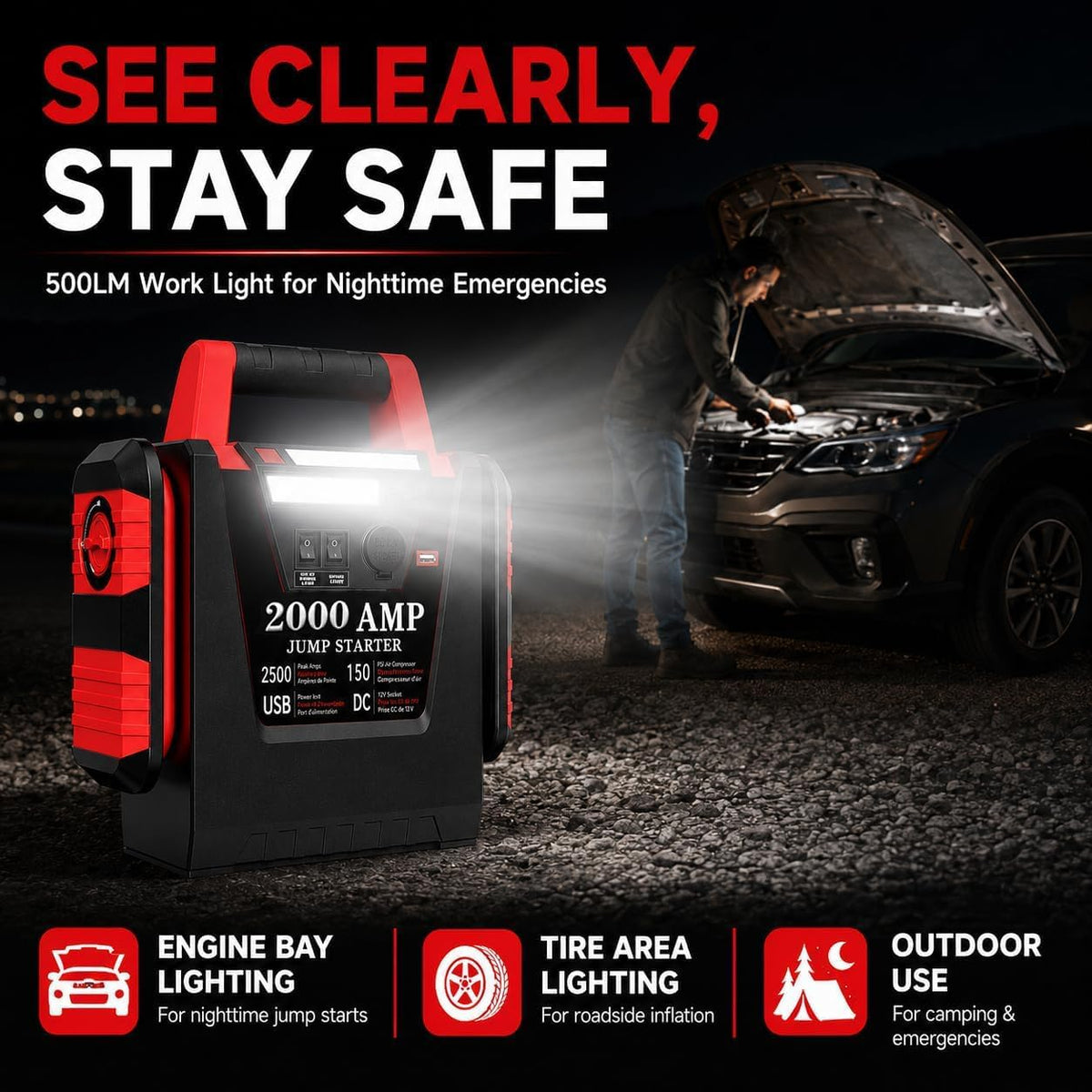 Jump Starter with Air Compressor,2000A Car Battery Jumper Starter 150 PSI Tire Inflator,6 in 1 Auto Lead-Acid Battery Booster Jump Starter for Up to 10.0L Gas or 8.0L Diesel with LED Light