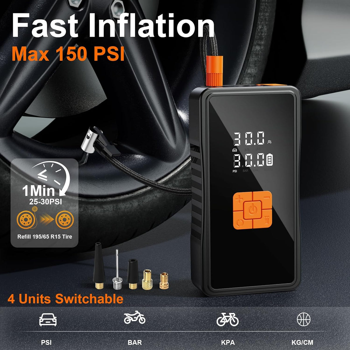 Preciva 8000mAh Jump Starter - 8000A Peak Car Battery Charger with Smart Air Compressor (150PSI), Tire Repair Kit, Power Bank, Digital Gauge & LED Emergency Light for Car, Truck, Motorcycle
