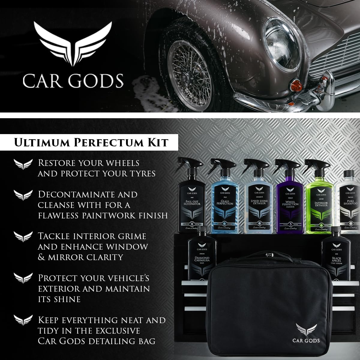 Car Gods 8 Piece Car Cleaning Detailing Kit - Shampoo - Carnauba Wax - Wheel Cleaner - Shine Detailer - Fallout Eliminator - Tyre Serum - Interior Detailer - Glass Cleaner