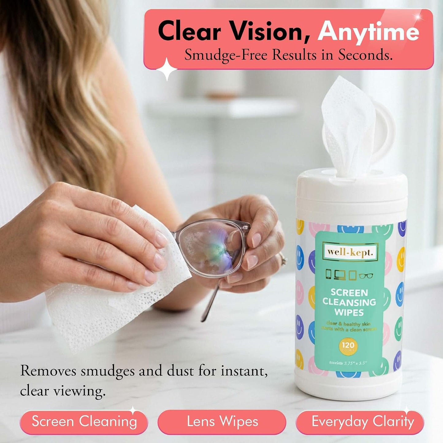 Well-Kept Tech & Lens Wipes - Eyeglass, Screen & Phone Cleaning, Multi-Surface, Lint-Free, Pre Moistened, Streak-Free & Non Scratching - NEW Size - All Smiles Canister, (120 Count)