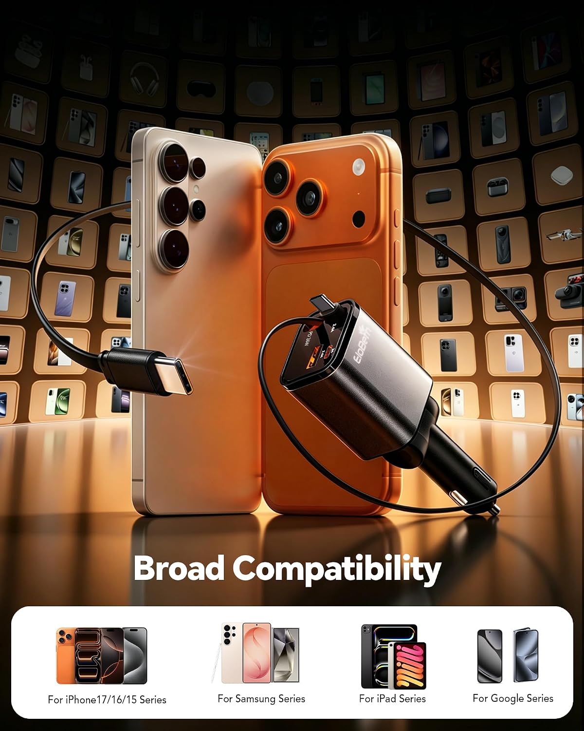 Retractable Car Charger for iPhone 18 Pro,75W Car Charger USB C Fast Charge