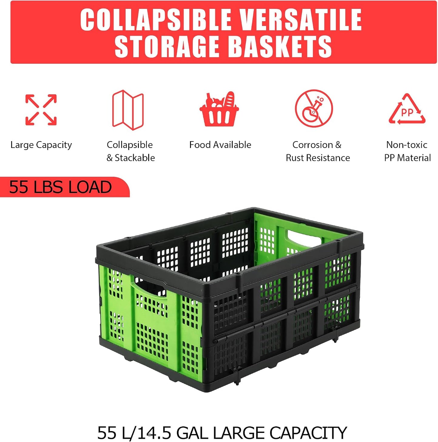 OUTLANE Collapsible Milk Crate,55L Folding Stackable Plastic Storage Bins with Side Handles,Heavy Duty Stackable Containers Folding Storage Baskets for Home, Office, School & Garage,Green