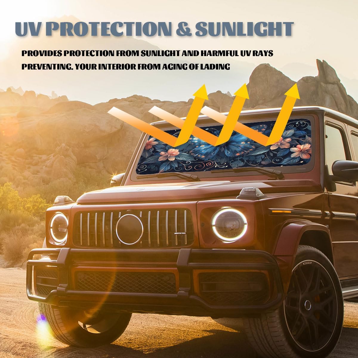 Blue Butterfly Car Windshield Sunshade Folding Retro Flowers Leaves Heatshield Front Window Car Sun Shade Windshield Block UV Rays Sun Shade Visor Protector for Car Sedan Truck SUV Accessories