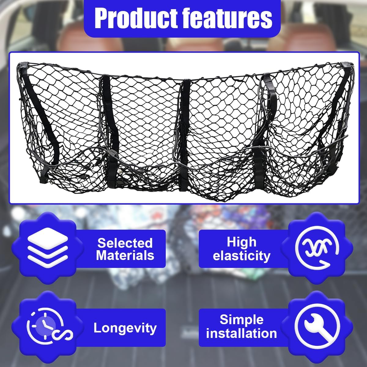 4 Pocket Truck Bed Cargo Net, Adjustable Elastic Mesh Storage Net with 4 Metal Carabiners, Universal Heavy Duty Car Grocery Holder Organizer Accessories for Pickup, SUV (Black)