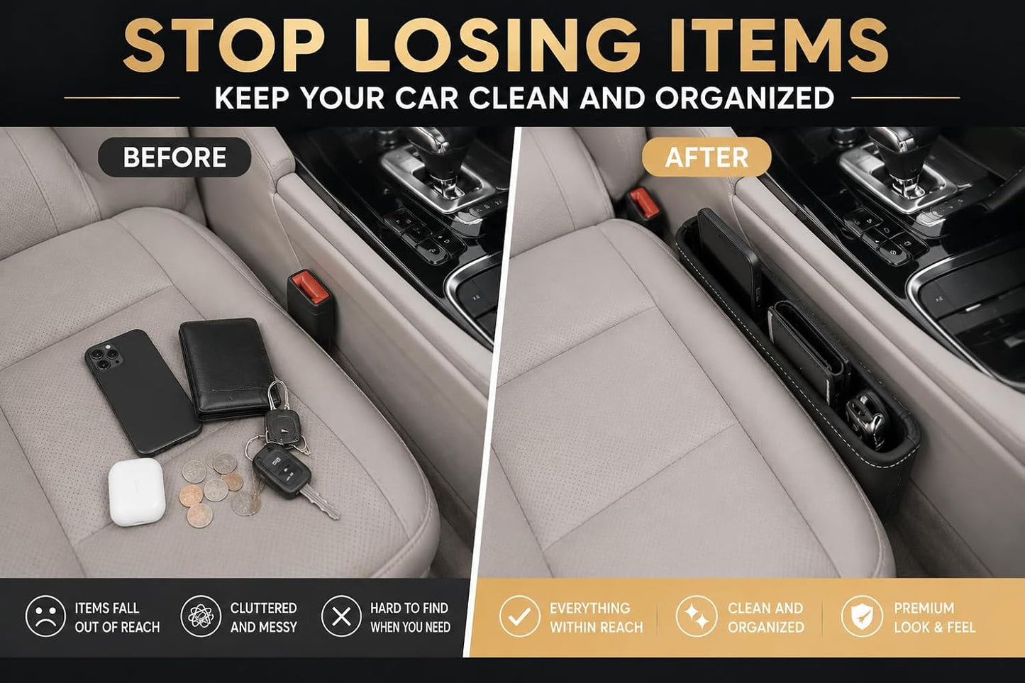 Car Seat Gap Organizer - Premium PU Leather Gap Filler with Storage Pockets, Universal Fit for Car, Truck, SUV - Prevents Phone, Keys from Falling Between Seats, Black